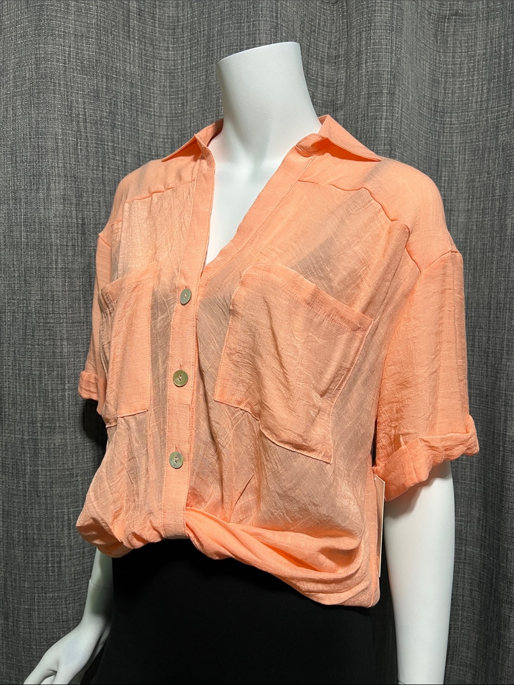 Lily Star Lightweight Peach Orange Twist-front Short Sleeve Blouse Top Small